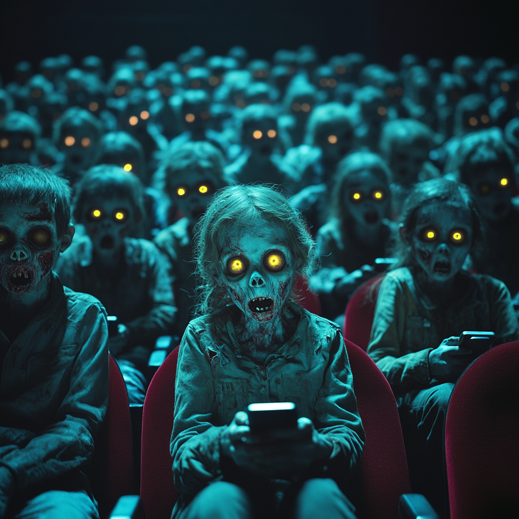 Zombie children staring at cell phones in dark theater.