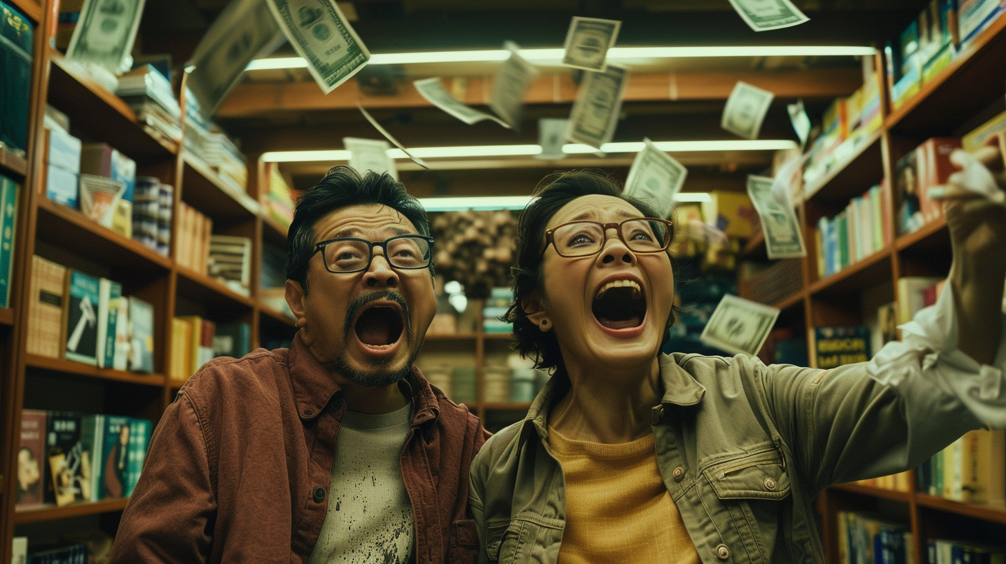 Zombie couple arguing in bookstore with falling money.