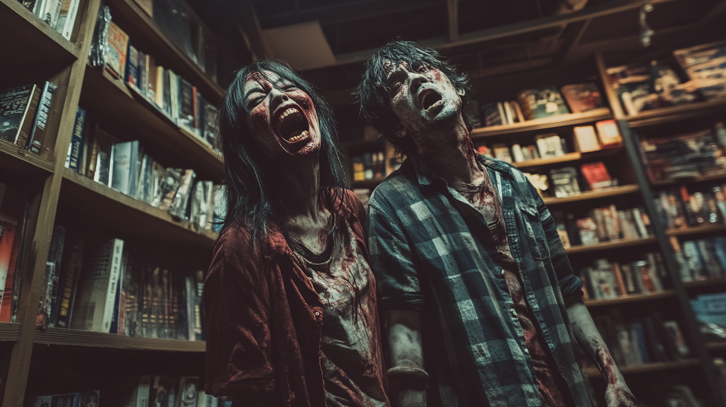 Zombie couple yelling at bookstore customers, dramatic lighting scene.