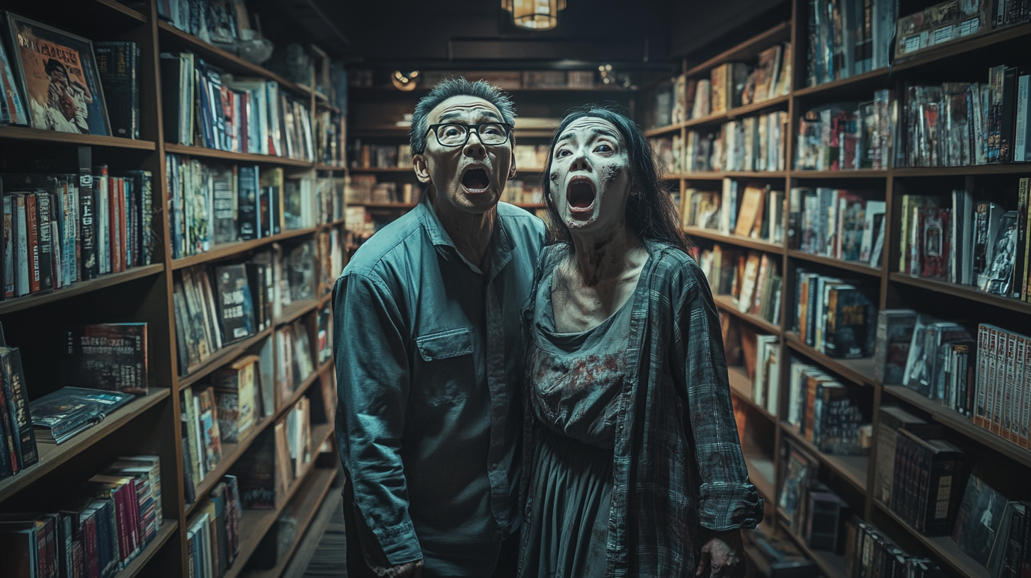 Zombie couple yelling at customers in dramatic bookstore scene.