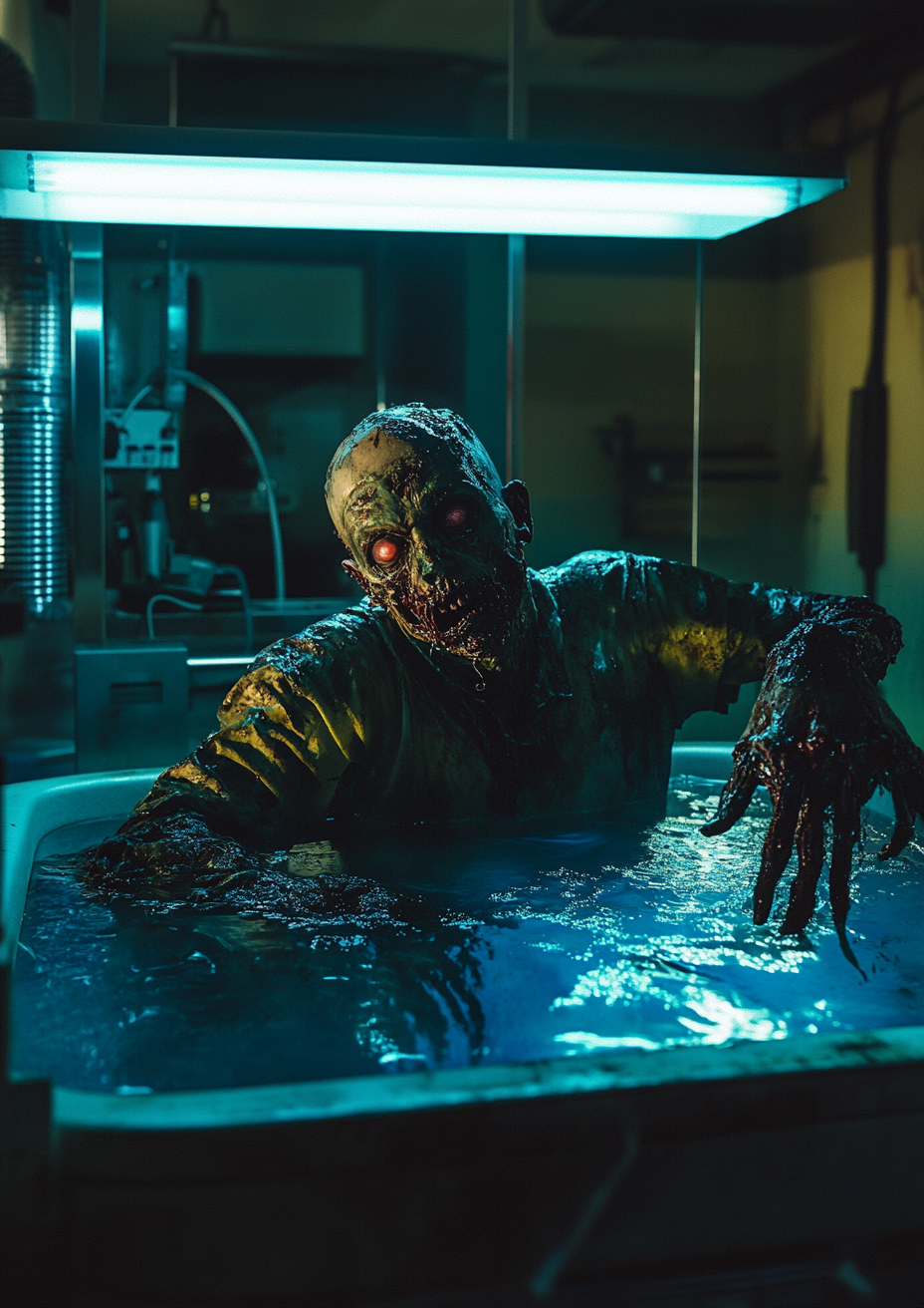 Zombie in Tank in Cinematic Laboratory, eerie lighting