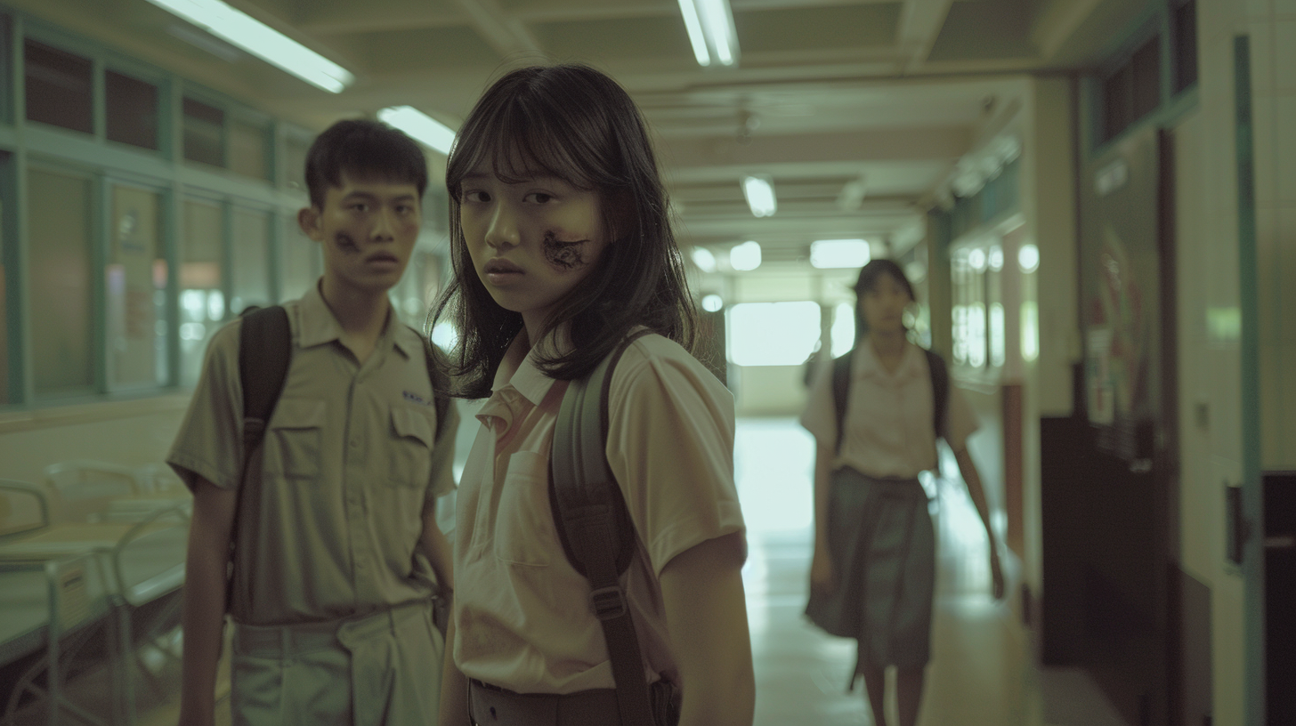 Zombie-infected high school scene in pink sunset.