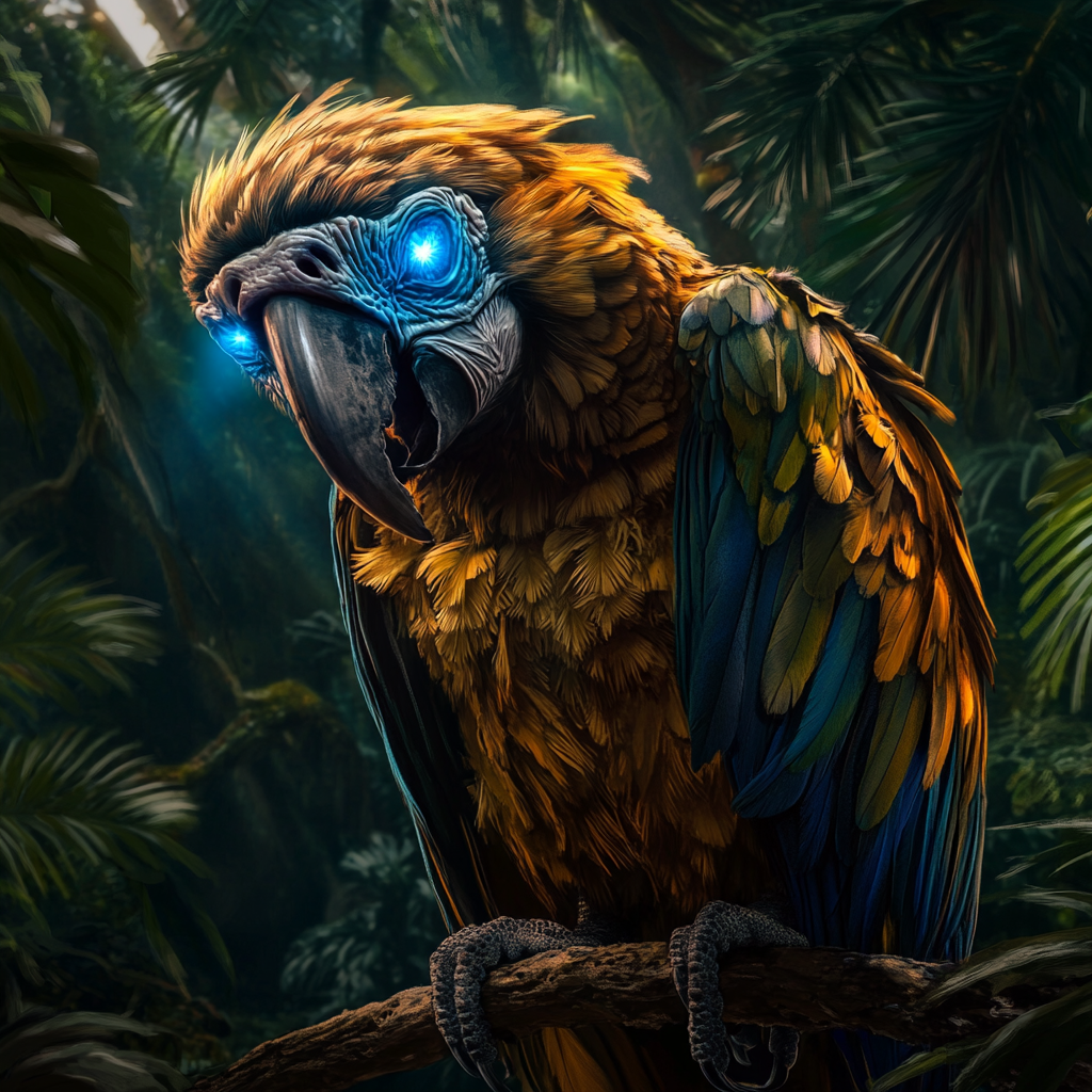 Zombie macaw parrot with glowing blue eyes. Perched branch.