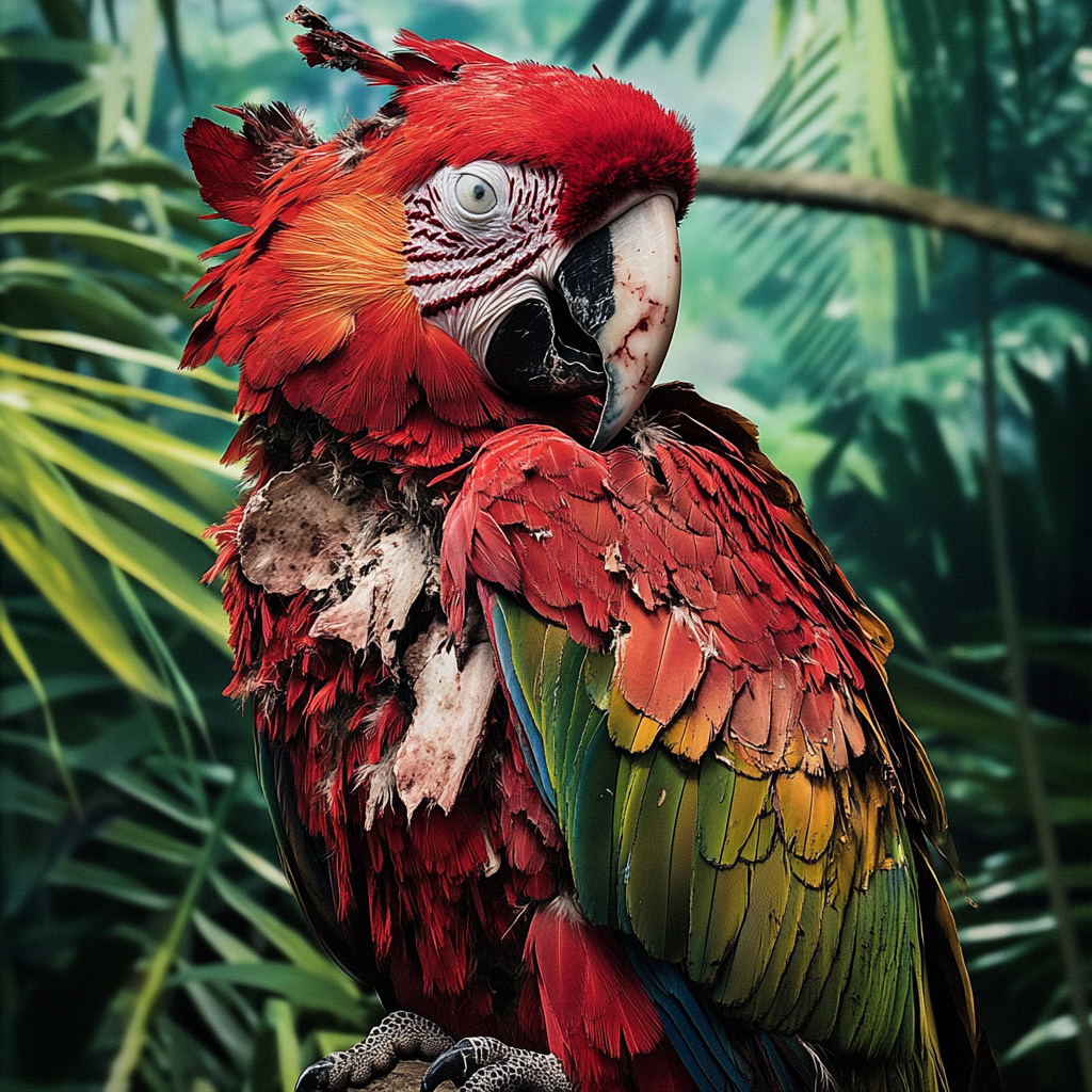 Zombie macaw parrot with ruffled feathers, missing skin.