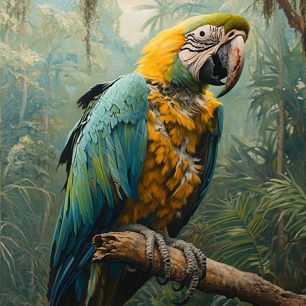 Zombie macaw with ruffled feathers perched on branch.