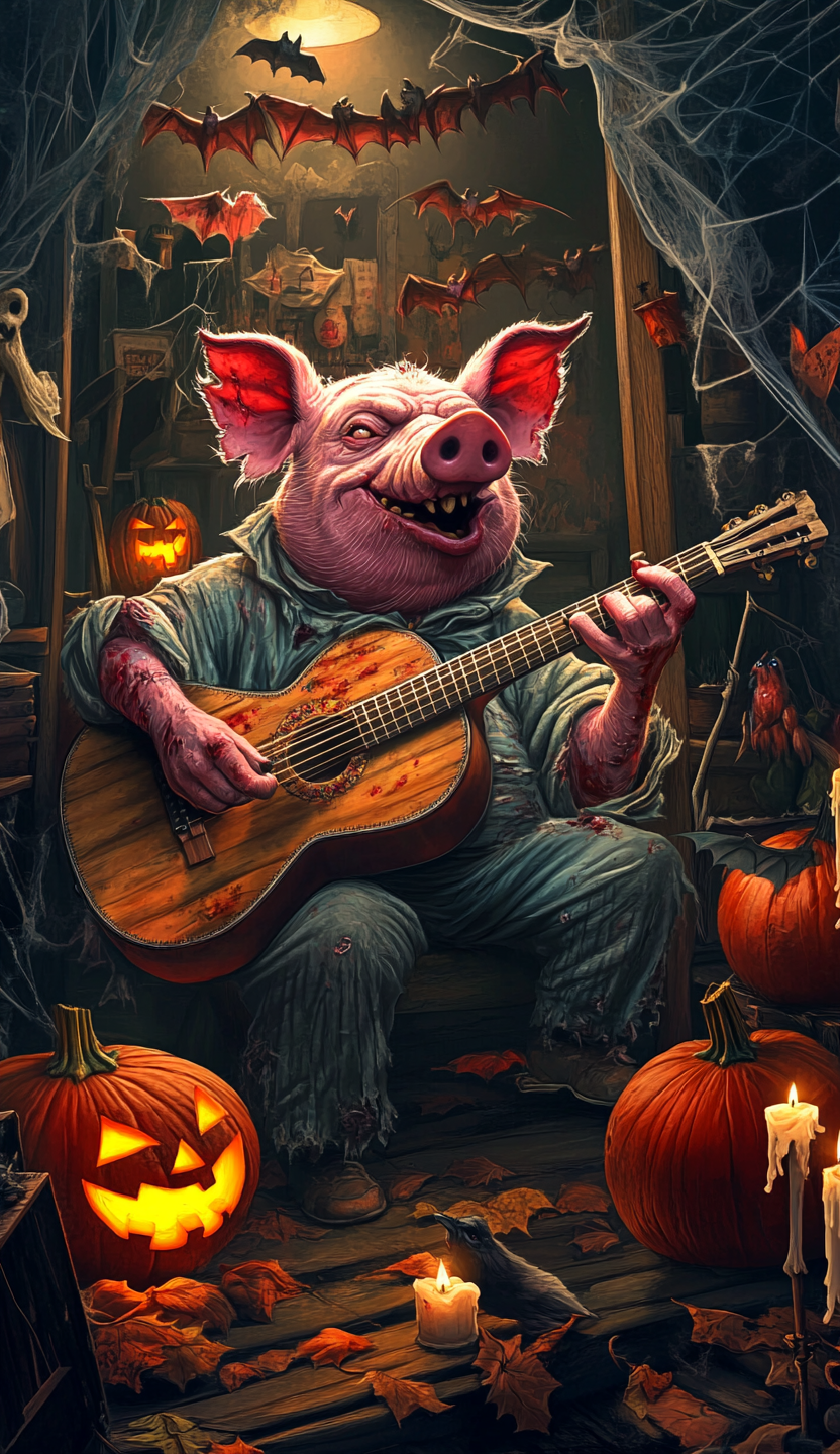 Zombie pig plays guitar in haunted house