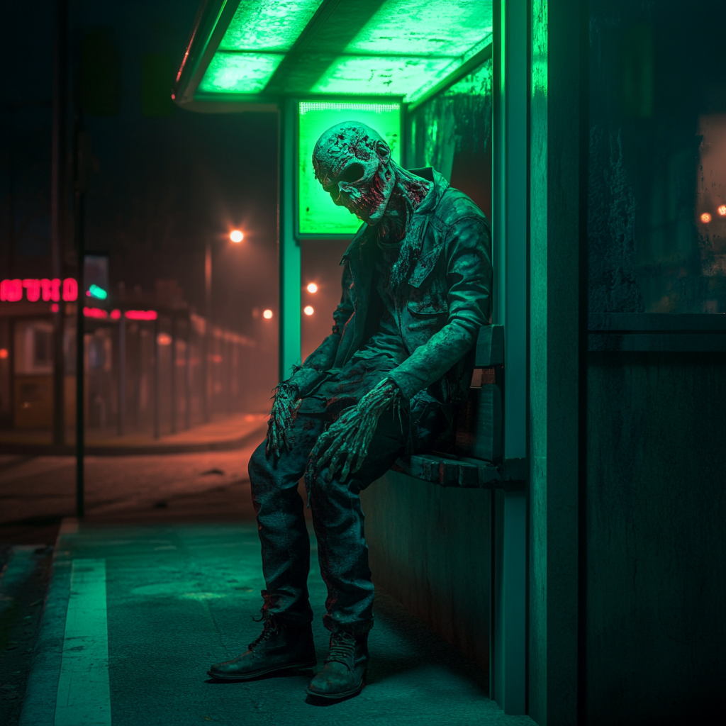 Zombie waiting at bus stop in dark night