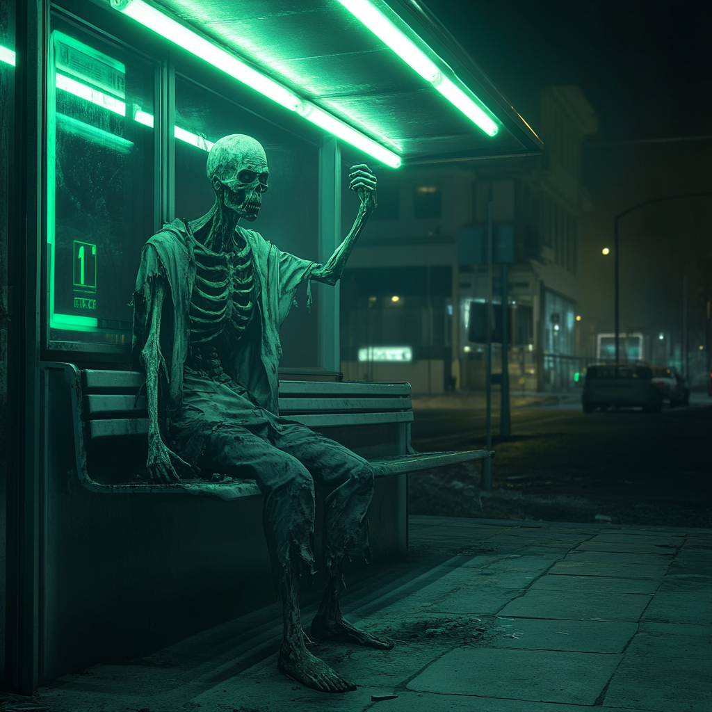 Zombie without head at bus stop at night