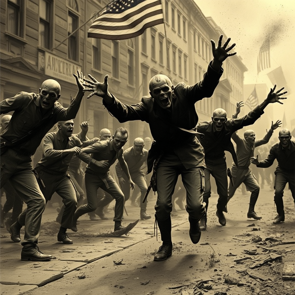 Zombies attacking people in 1900 America.