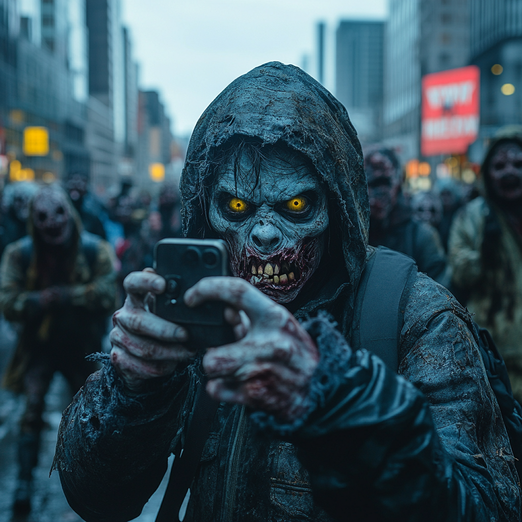 Zombies in City Taking Photos of Hurt Man.