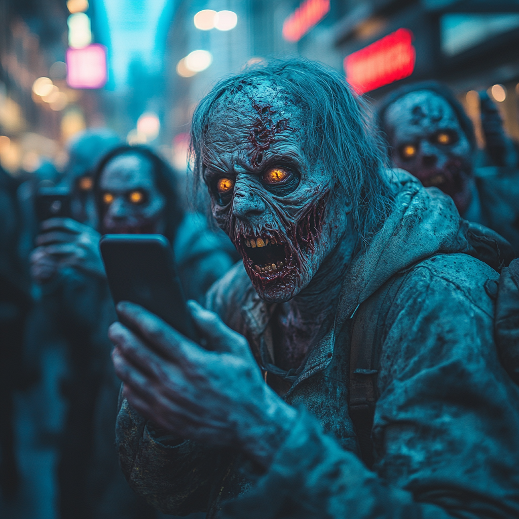 Zombies in city taking pictures of injured man.