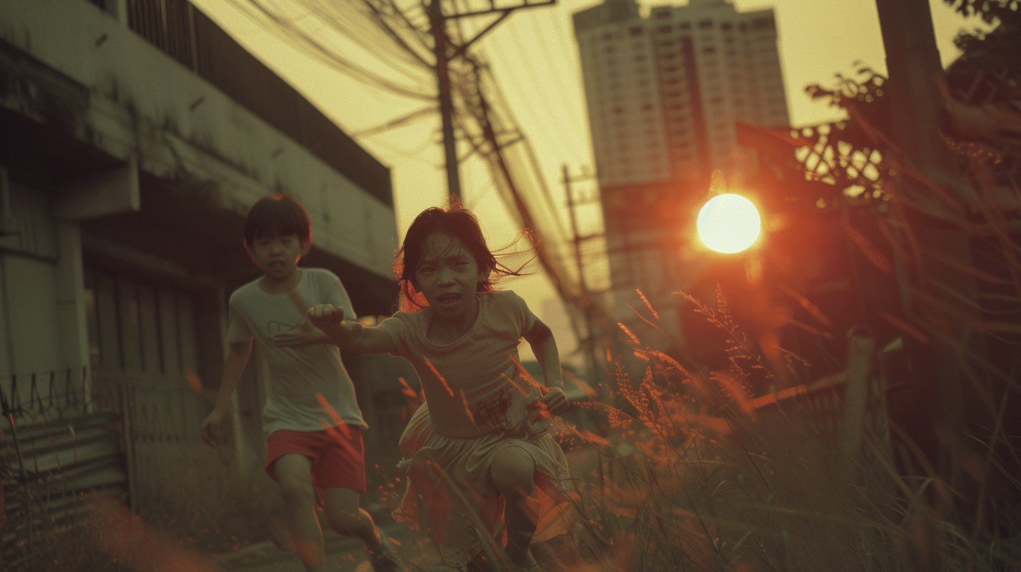 Zombies running at dawn in Bangkok, pastel colors.