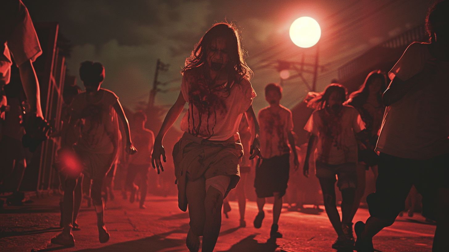 Zombies running under pink moon in Bangkok school.