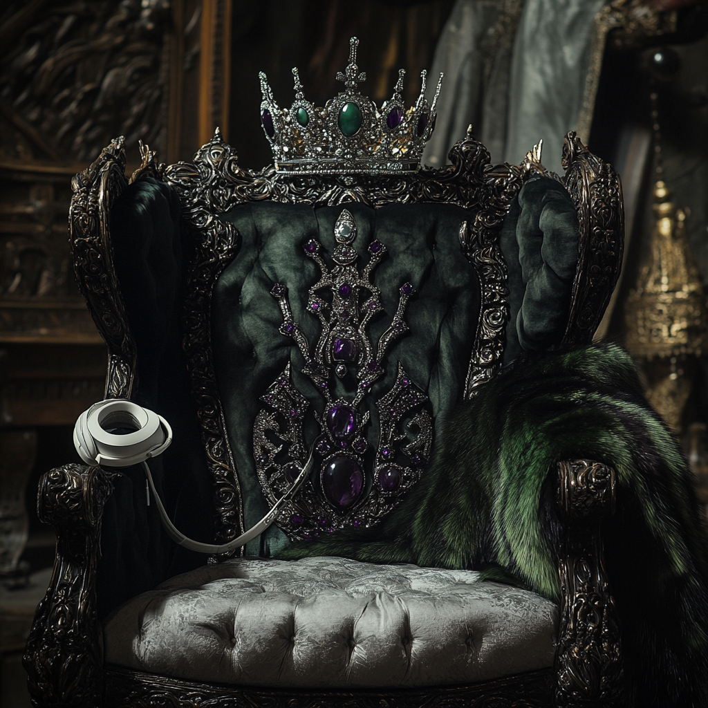 Zoomed throne chair with grey coat and King's crown.