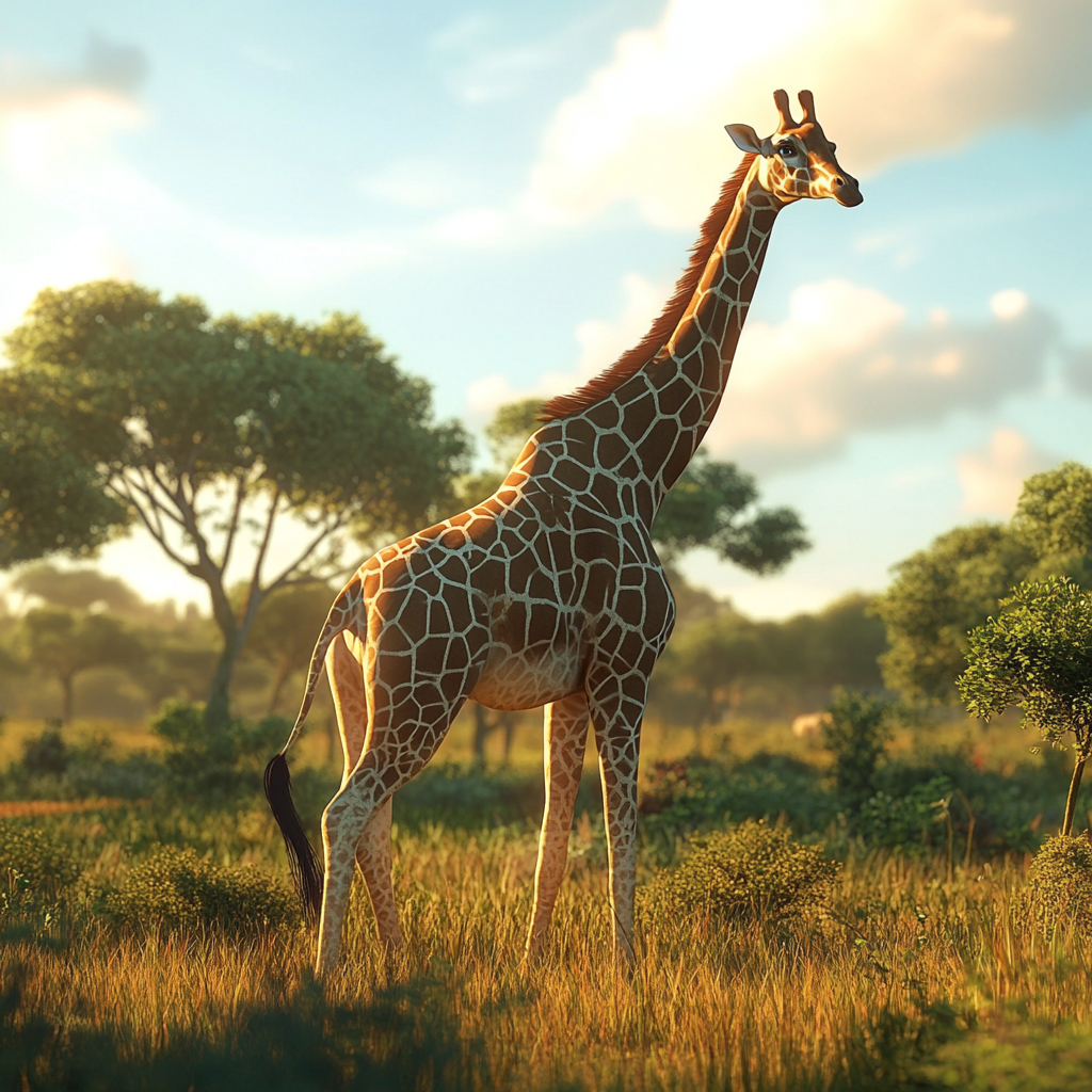 Zuma the giraffe standing majestically in African savannah grass.