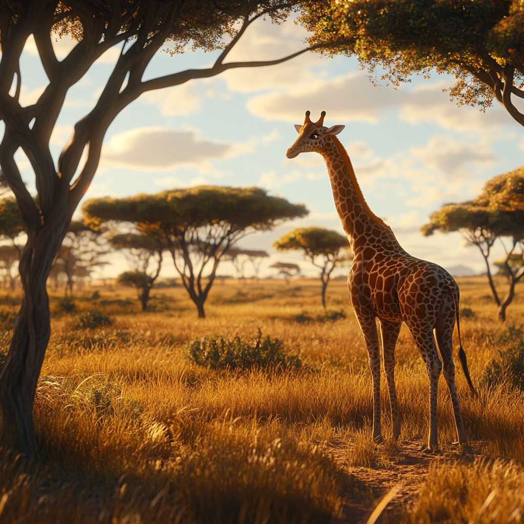 Zuma the giraffe stands majestically under bright sunny sky.