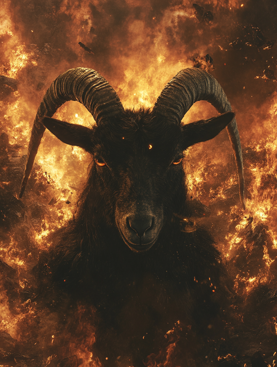 a goat in apocalypse with vakyries and demons, gods