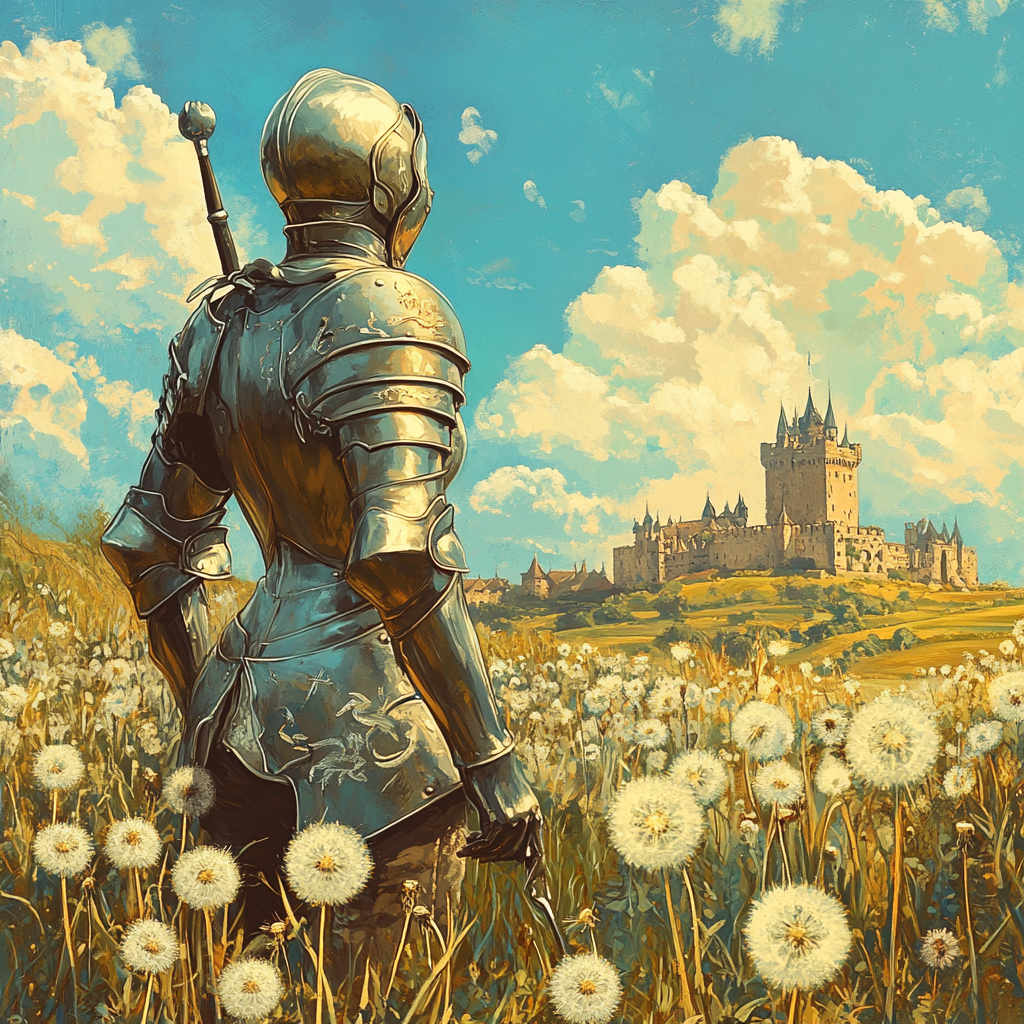 a medieval warrior surrounded by flowers near old castle