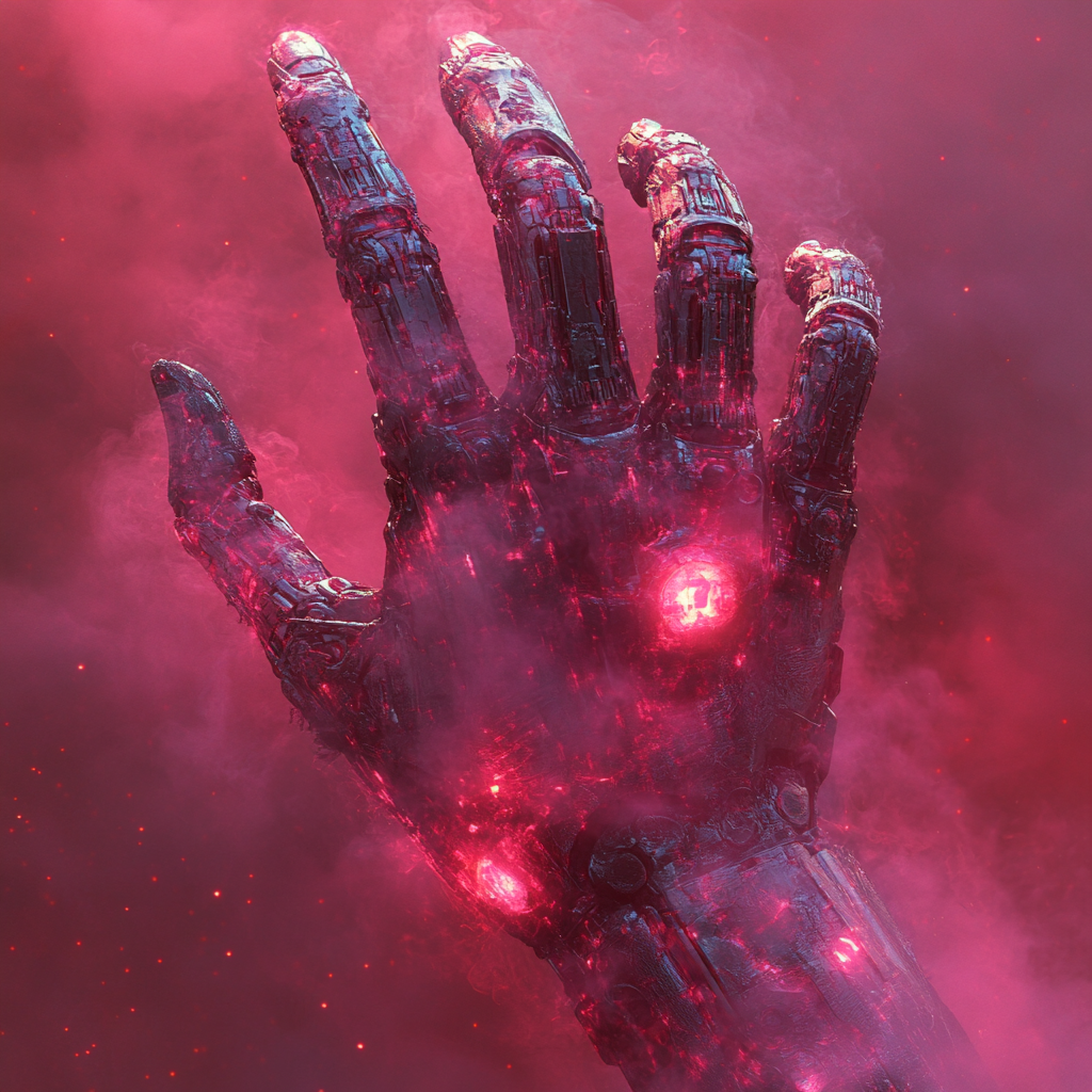 a robotich mechhand with a burning robotic mech hand