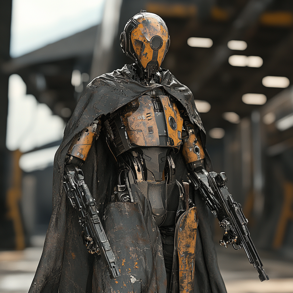 a worn metal warrior droid in dark trench coat