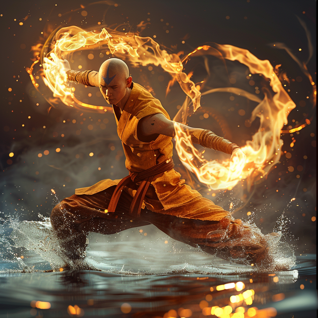 Aang bending air, water, fire, earth