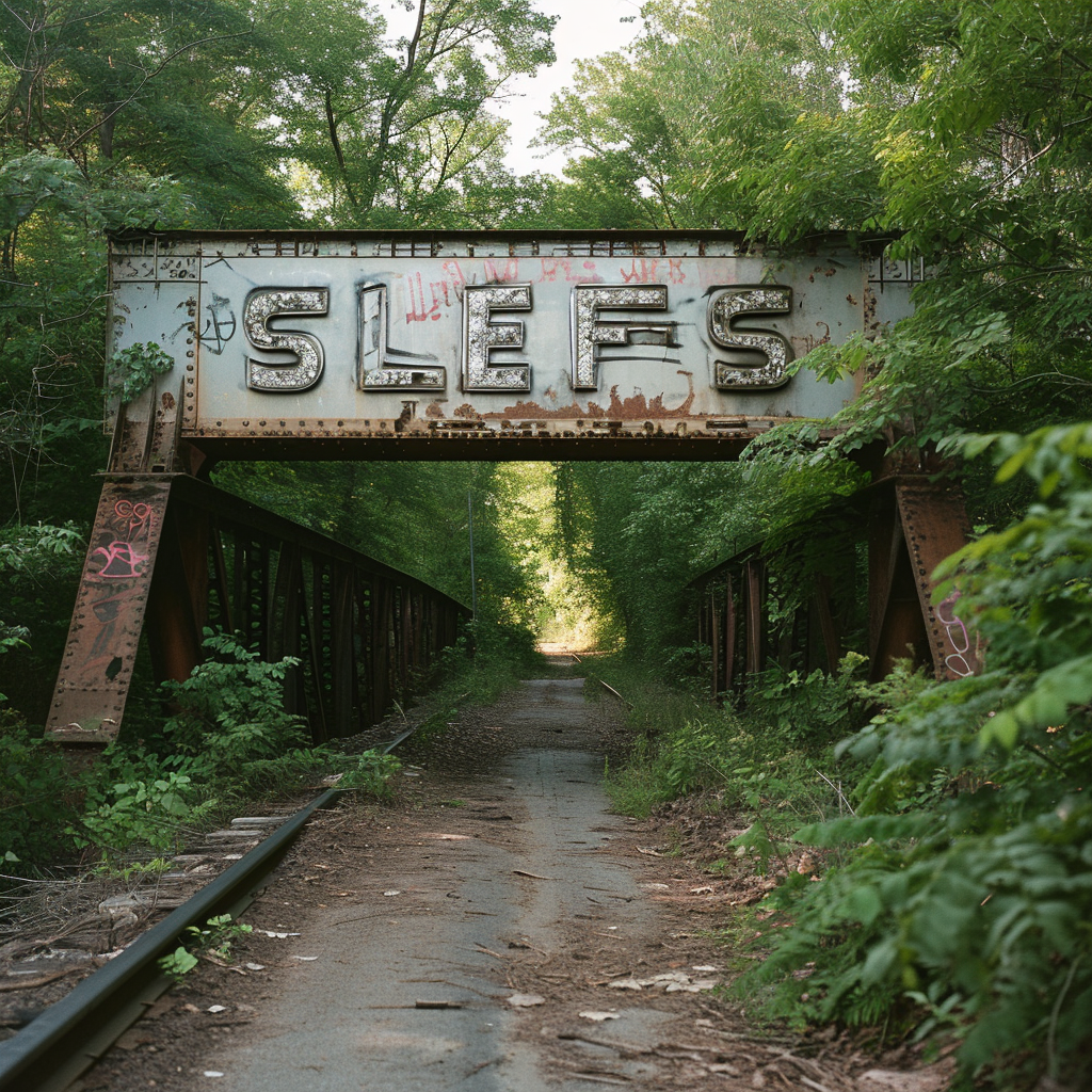 Overgrown abandoned bridge with silver graffiti spelling  SLEFS