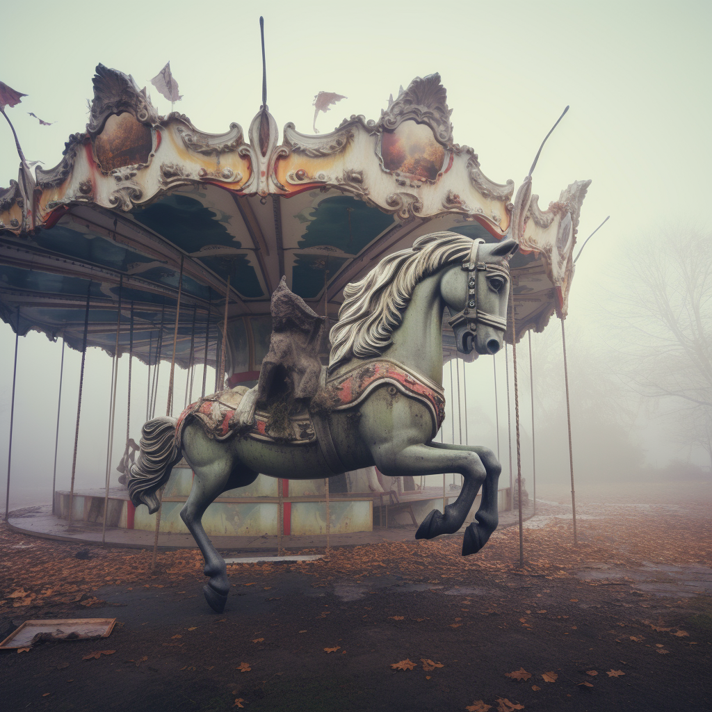 Abandoned schoolyard carousel horse in fog