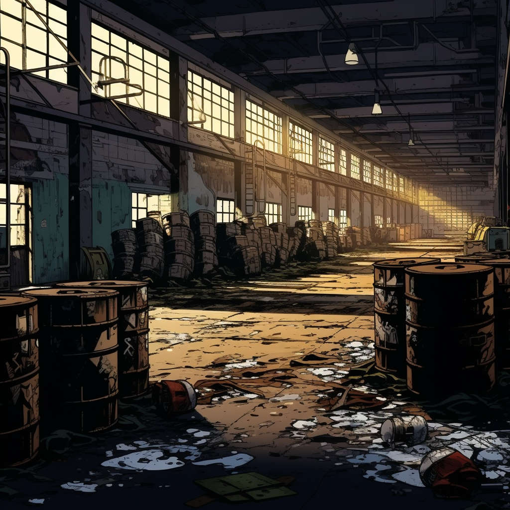 Abandoned warehouse with waste drums