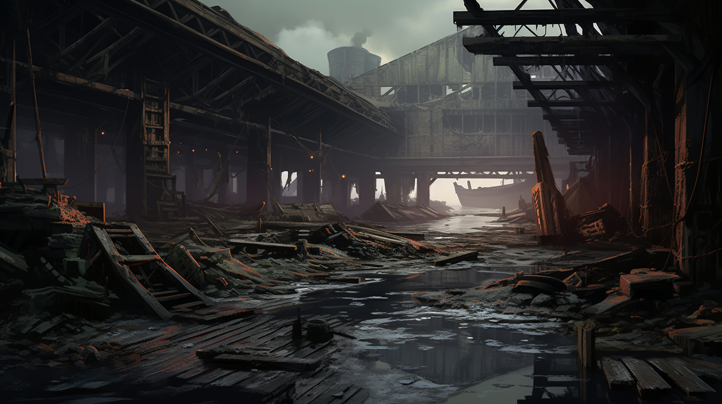 Abandoned warehouse on docks with debris