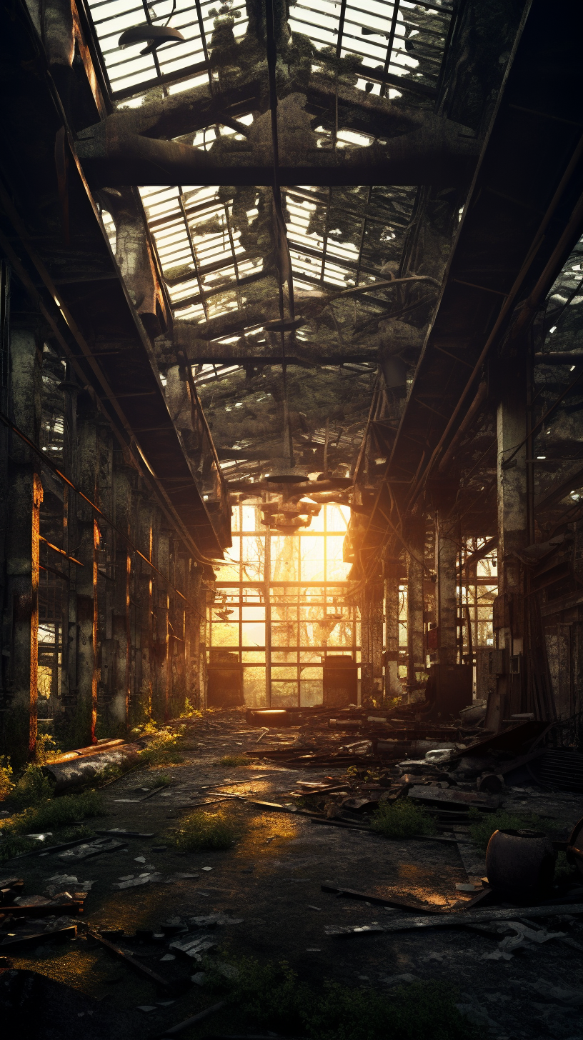 Abandoned factory with rusty hooks and broken windows