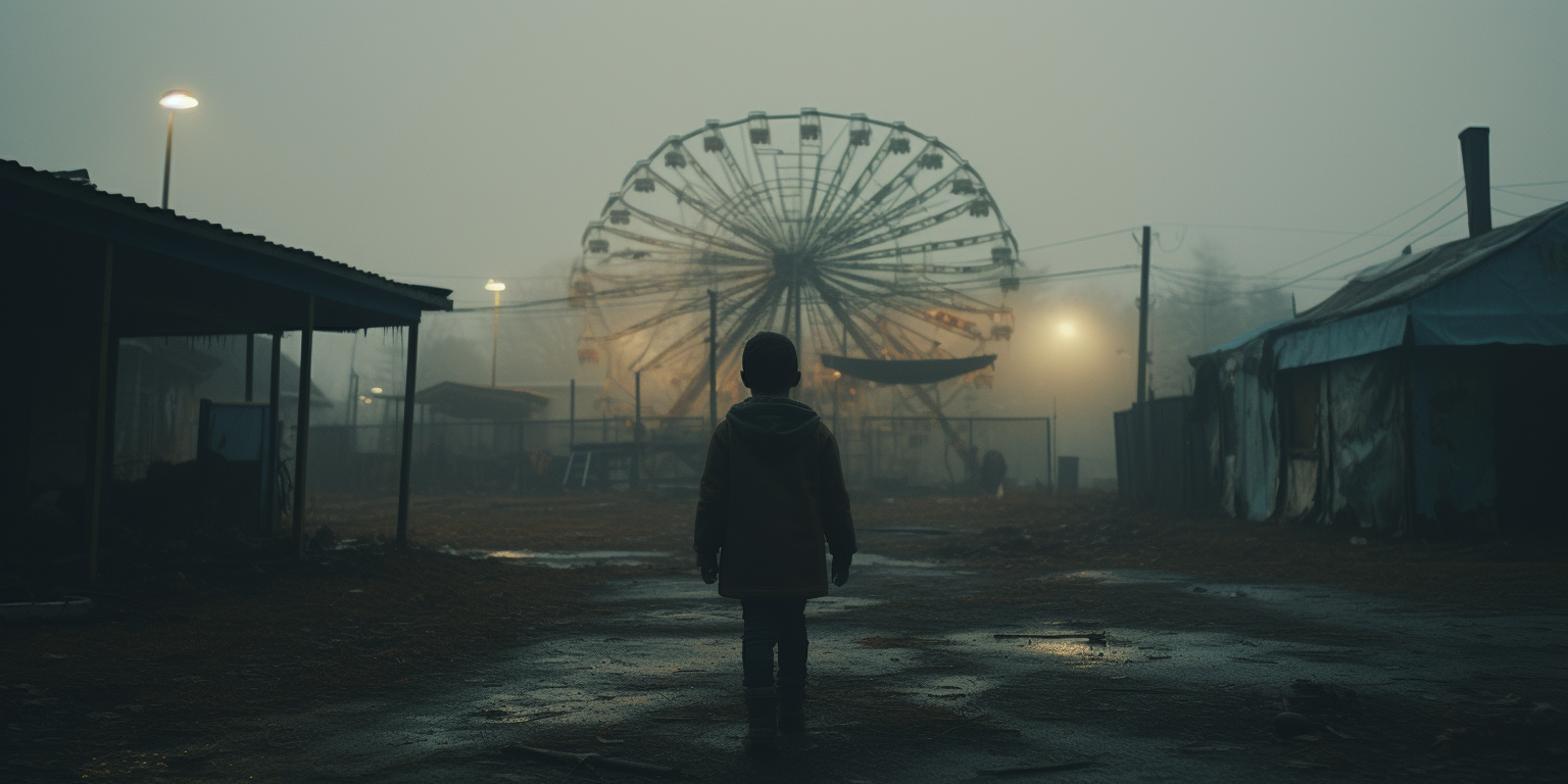 Young Boy Running in Abandoned Fairground