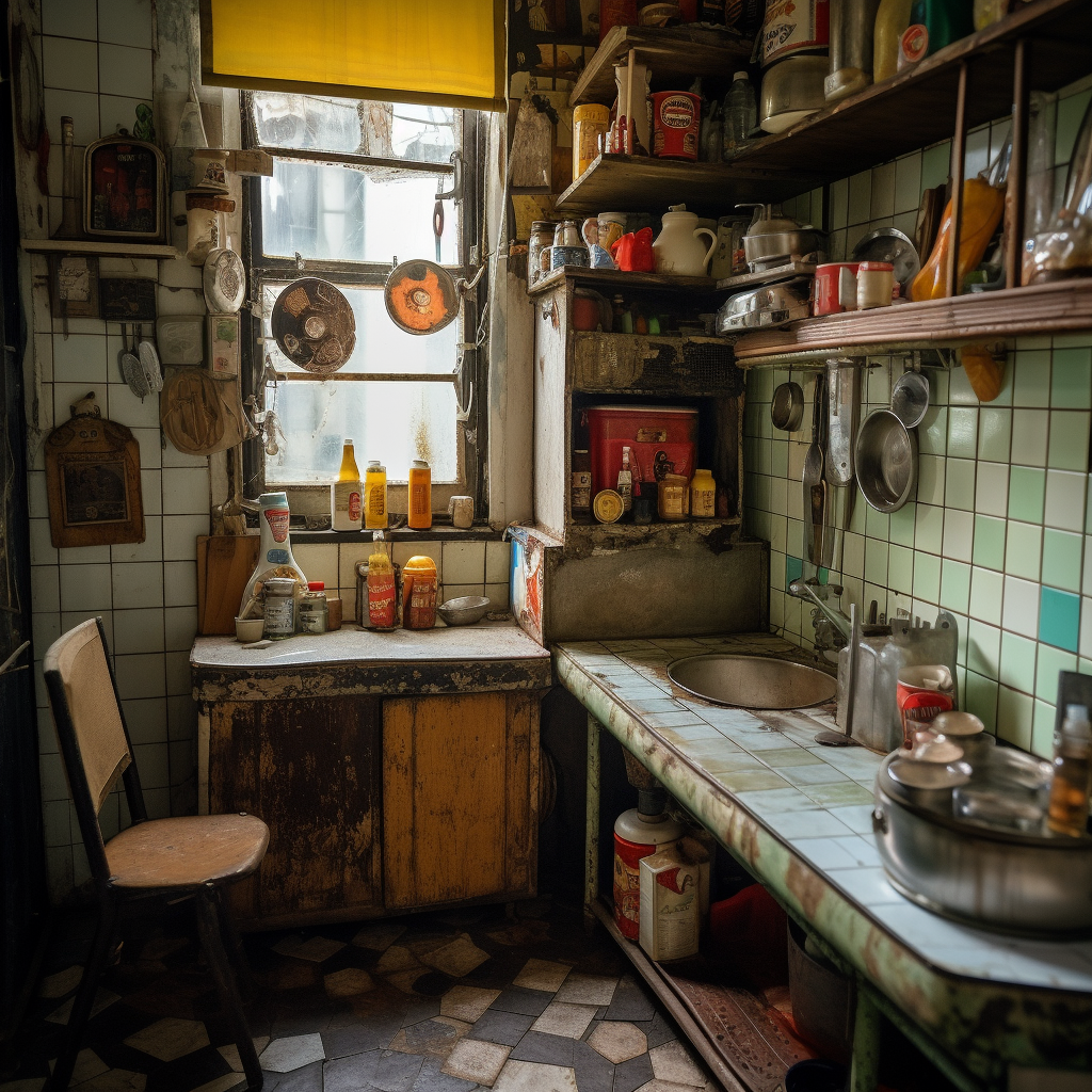 abandoned favela apartment kitchen scene