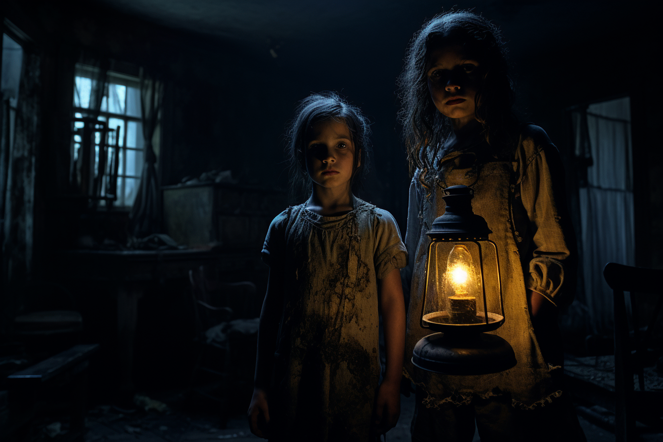 Boy and girl in dark haunted house with lantern