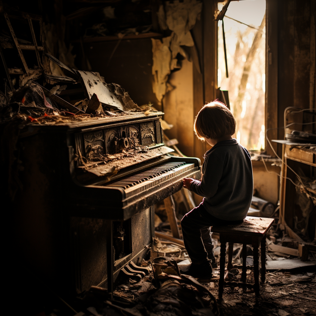 Creepy boy smiling under piano