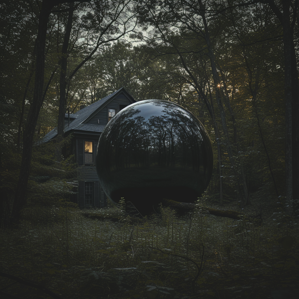 Abandoned house in the dark forest with a black liquid sphere