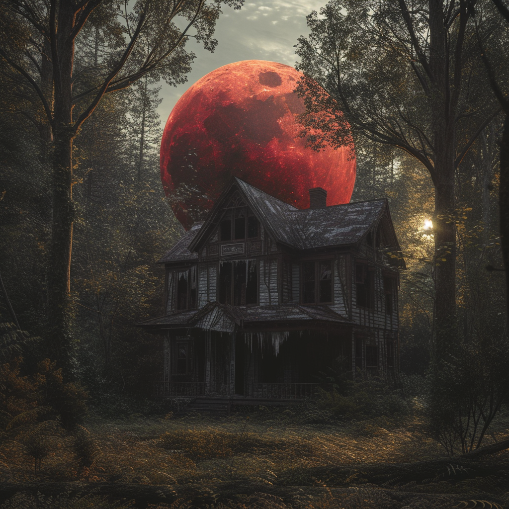 Abandoned house in forest with red liquid sphere