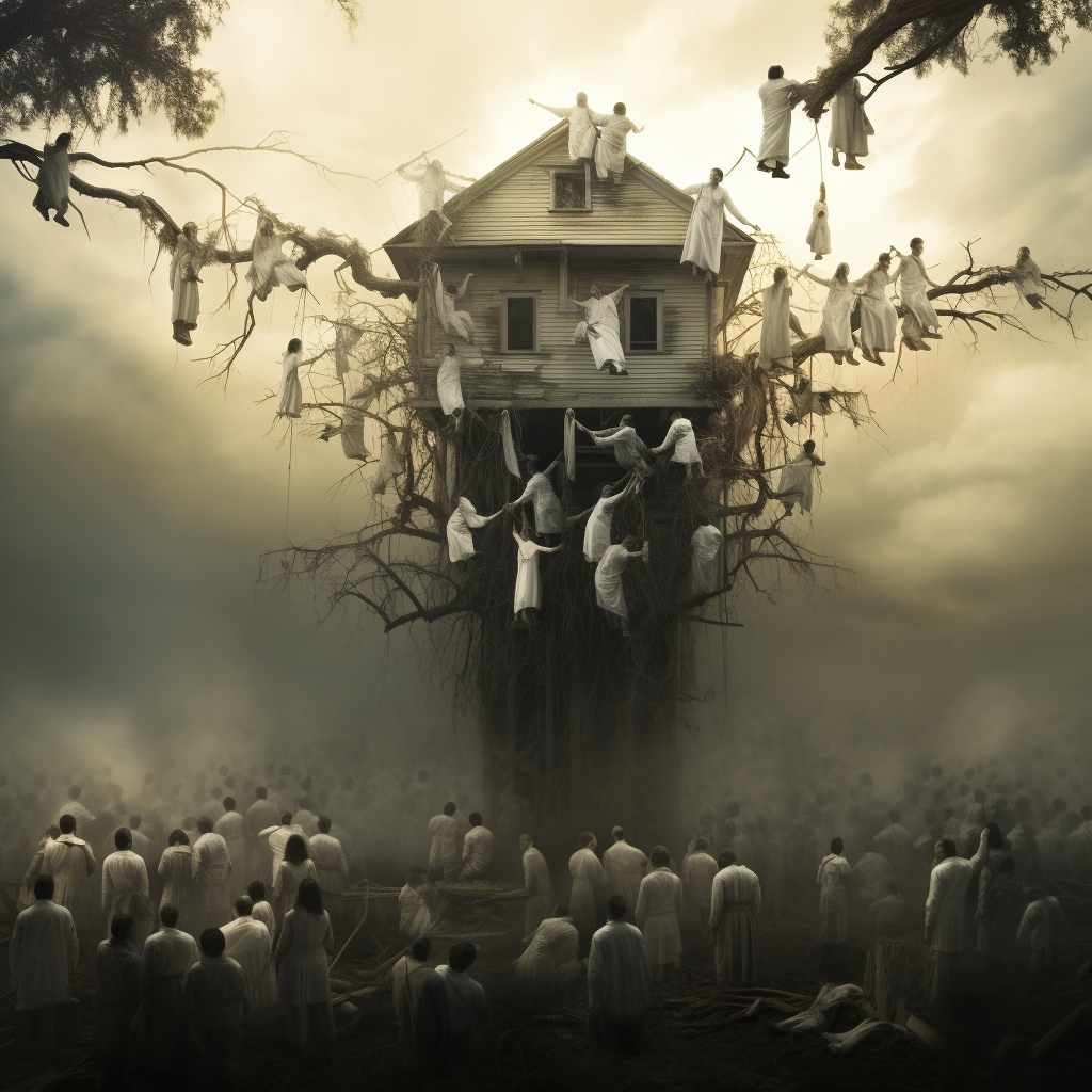 Creepy scene of abandoned house and hanging people