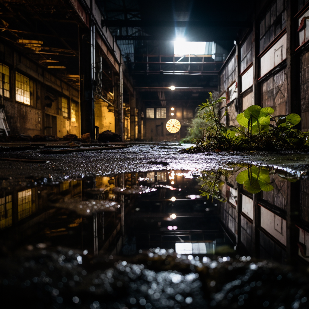 Abandoned industrial building with cracked walls and plants growing