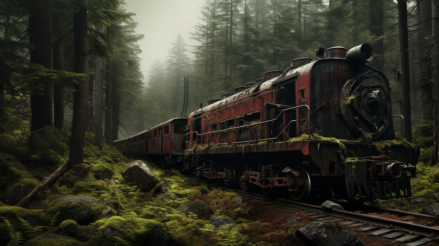 Abandoned logging train in the mysterious woods