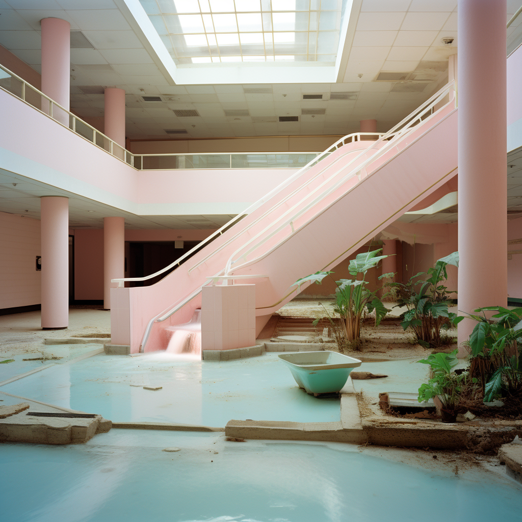 Vintage mall escalator surrounded by neon lights