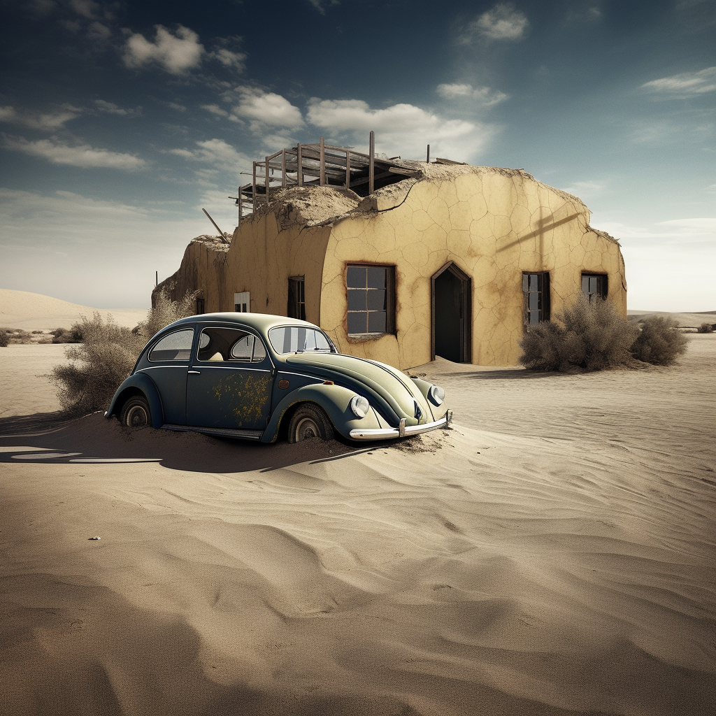 Desert parking surrealistic scene