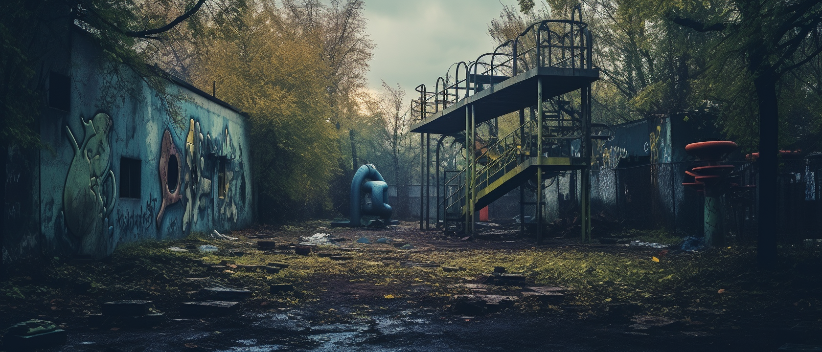 Abandoned playground with horror comic book atmosphere