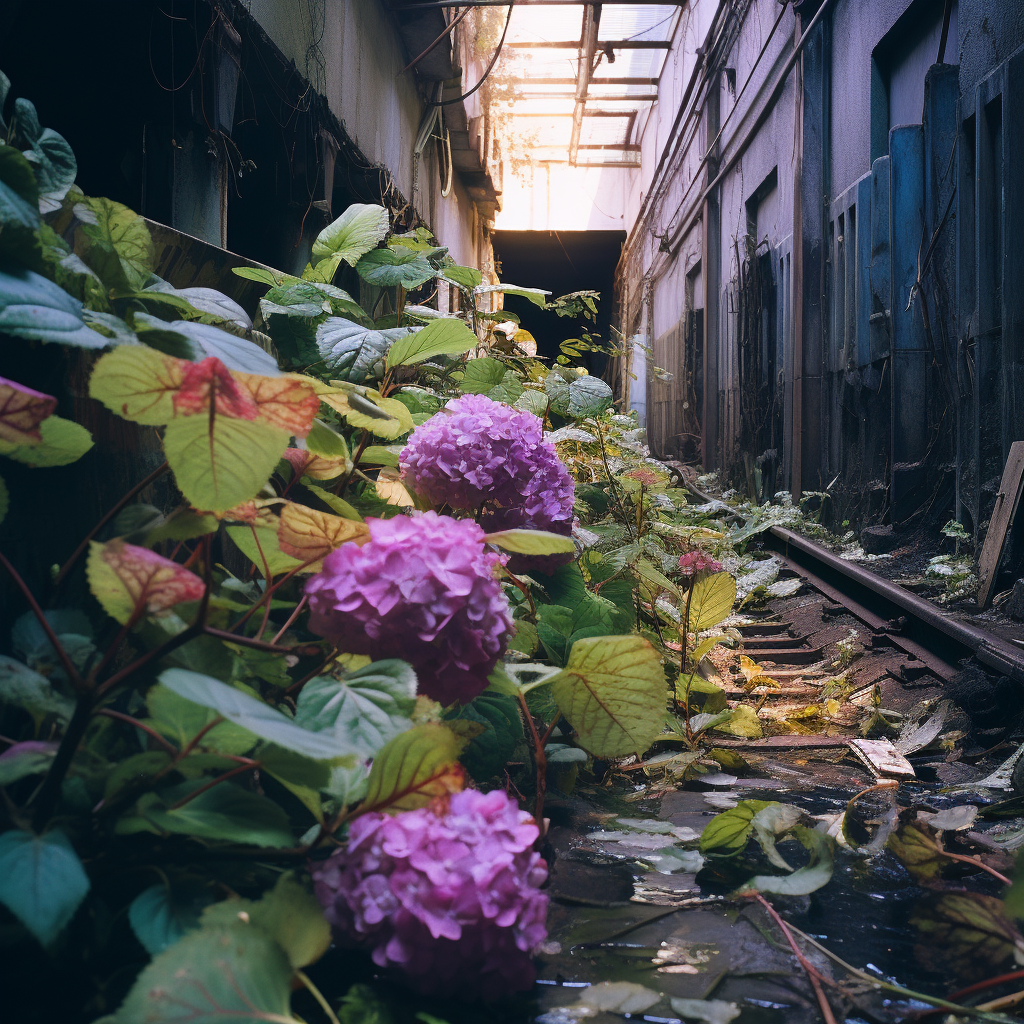 Abandoned subway with purple hydrangea growing plants