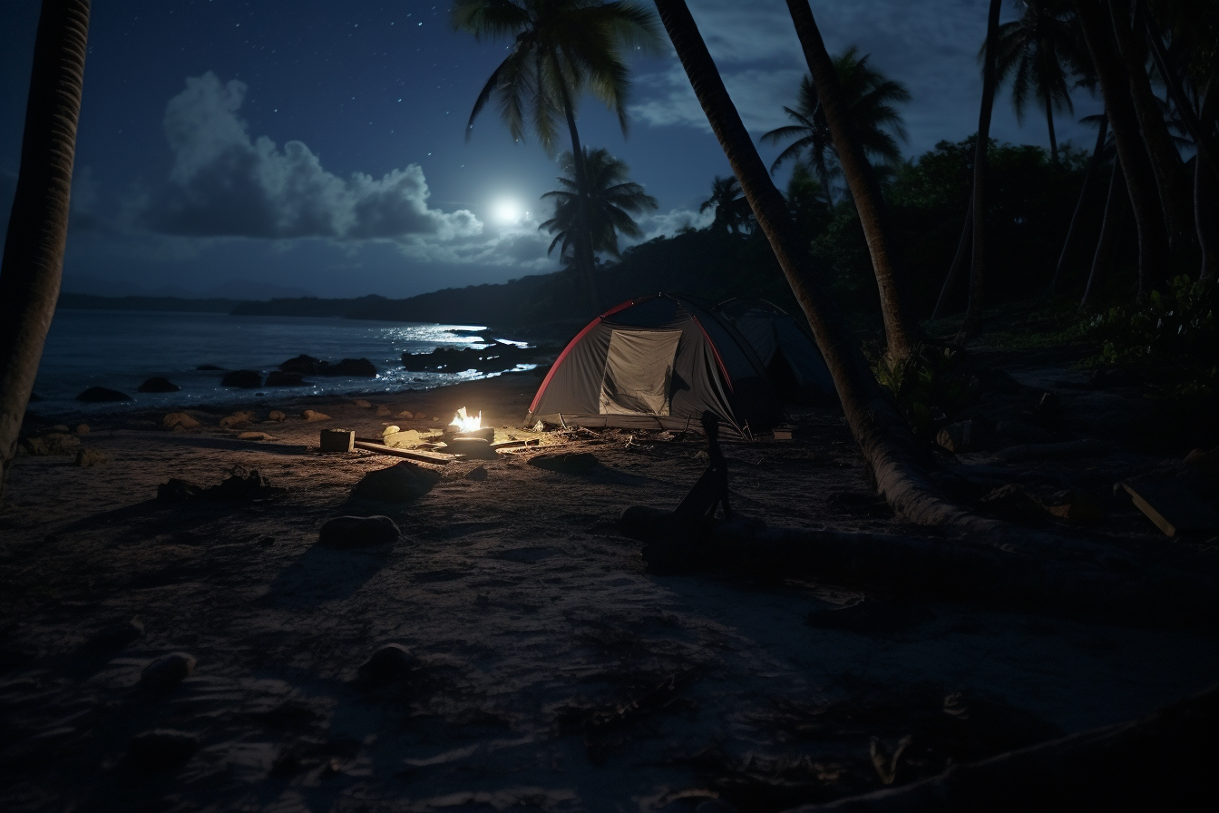 Abandoned tropical beach campsite with eerie 80's horror ambiance