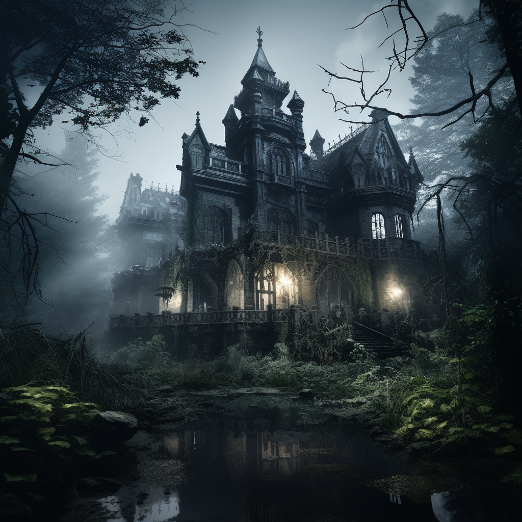 Gothic Victorian Mansion in Foggy Forest