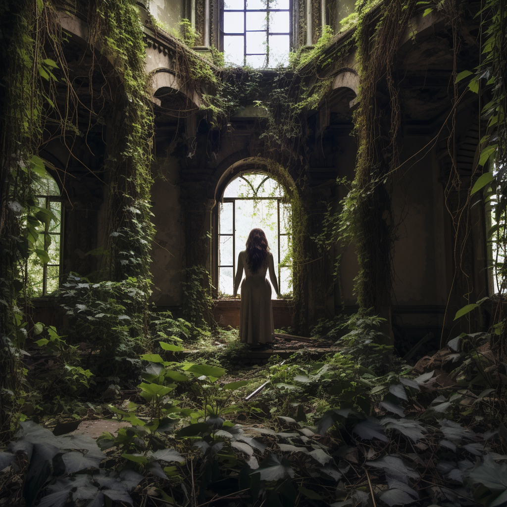 Woman amidst Grape Vines in Abandoned Villa