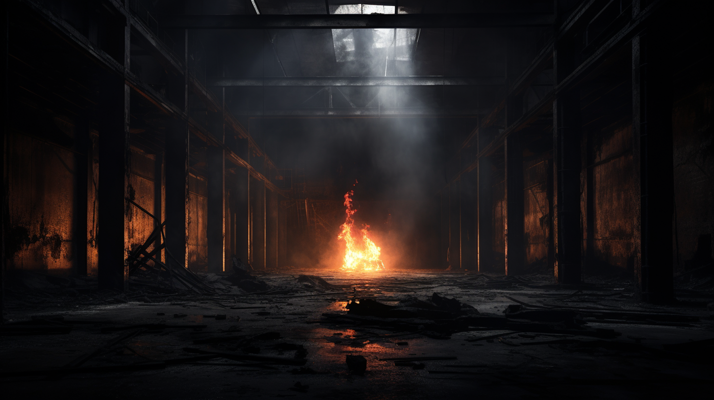 Realistic abandoned warehouse with burning backdrop