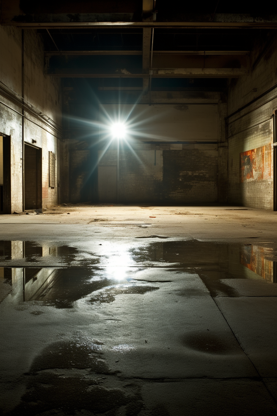 Interior of Abandoned Warehouse at Night