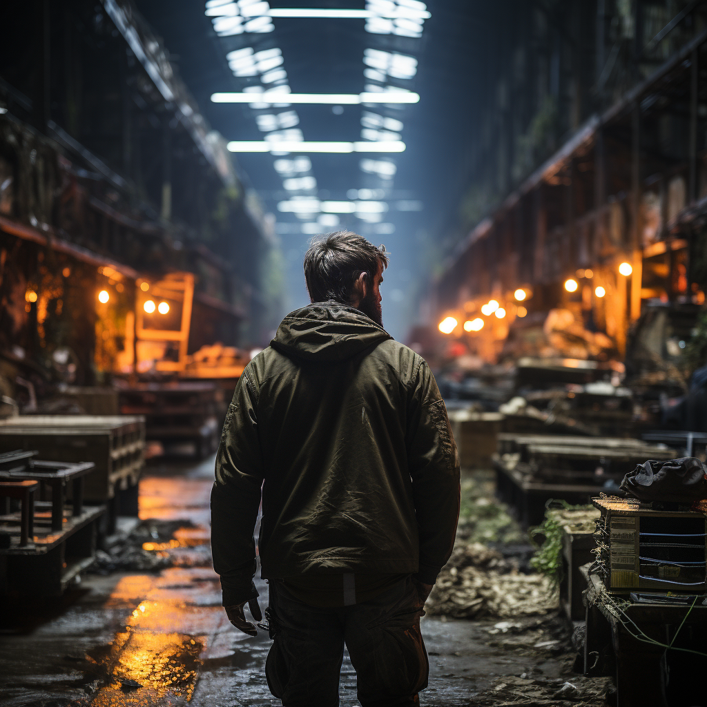 Man Patrolling Abandoned Warehouse at Night