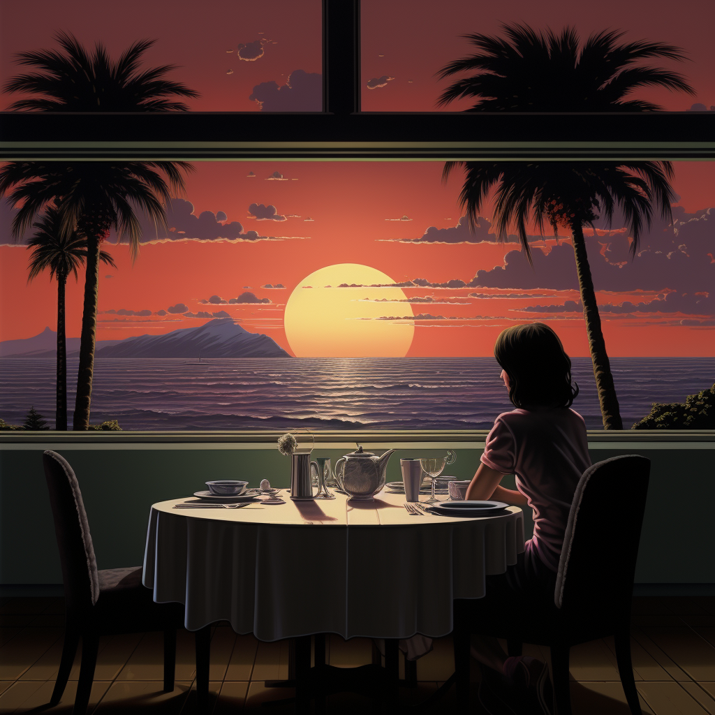 Abandoned woman at dinner table enjoying sunset over sea